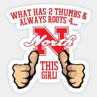 What has 2 thumbs and roots for Big Red, THIS GIRL Sticker